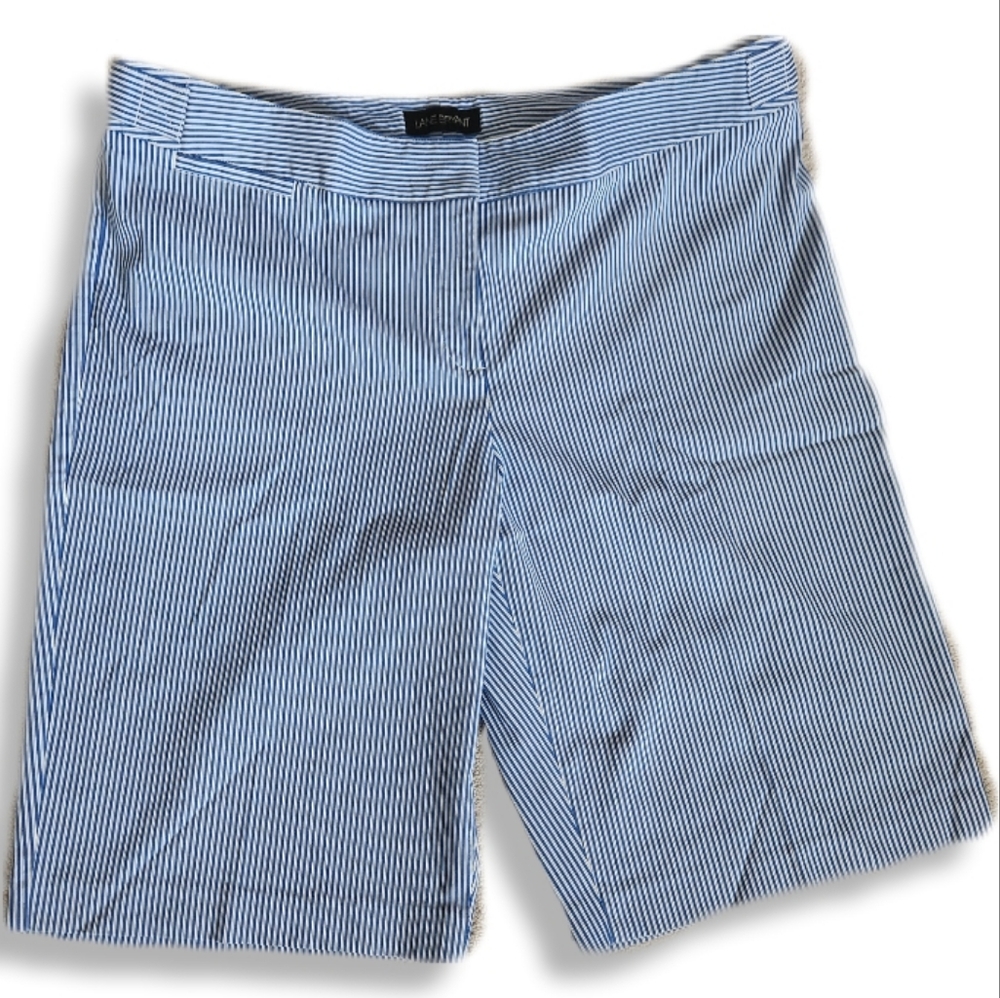 Lane Bryant Blue White Stripe Zip Front Stretch Shorts White Button Detail